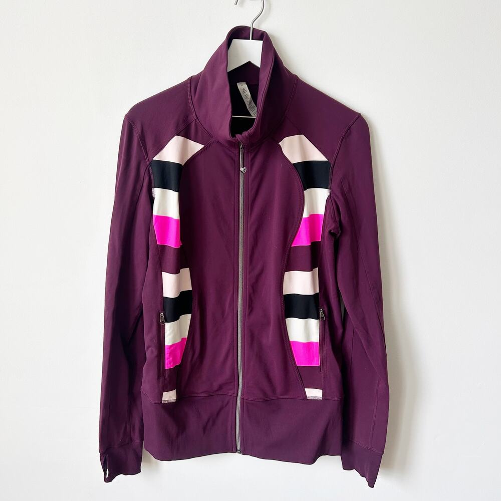 Lululemon Nice Asana Track Jacket Size 12 Plum Pow Stripe Raspberry Full Zip